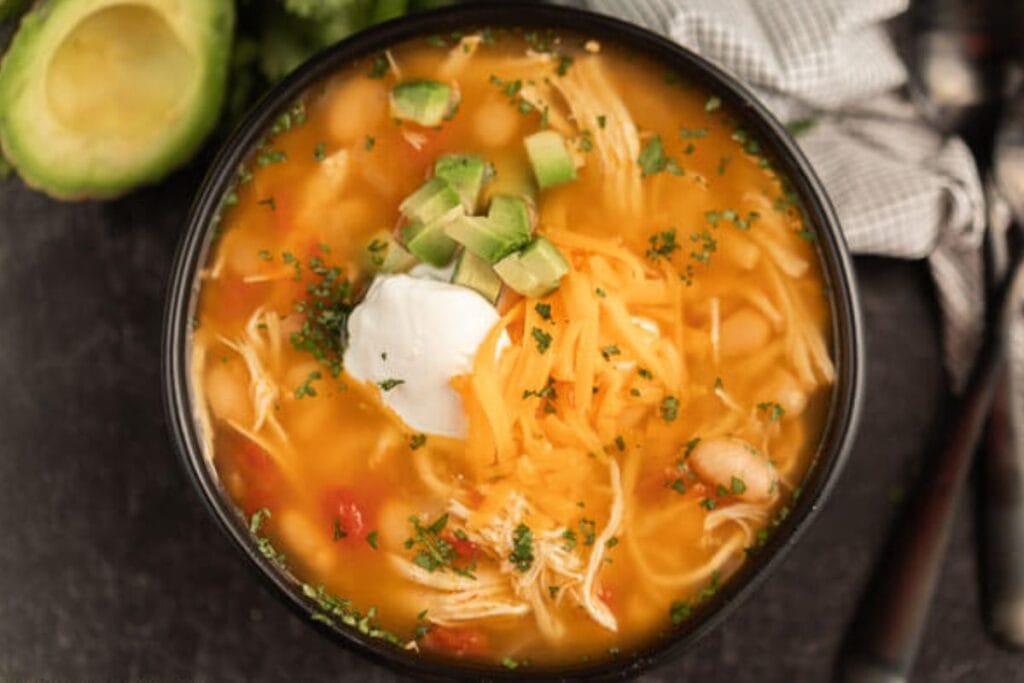 Chicken soup in a bowl.
