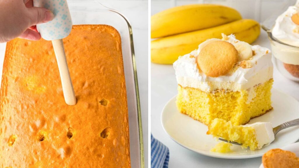 Cake being poked with spatulat, and slice of banana poke cake.