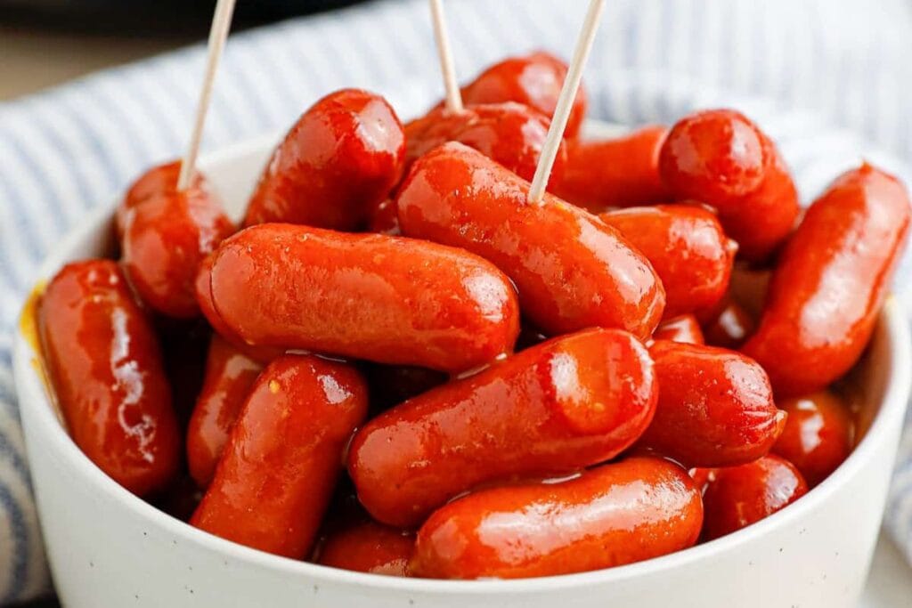 little smokies in a white bowl.
