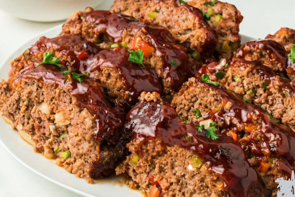 Sliced meatloaf on a plate.