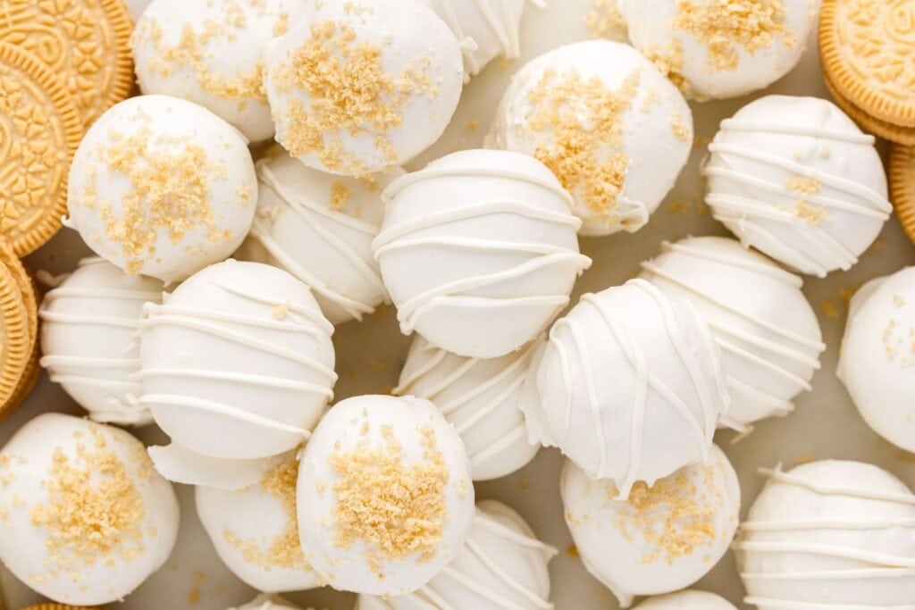 Oreo truffles coated in white chocolate.