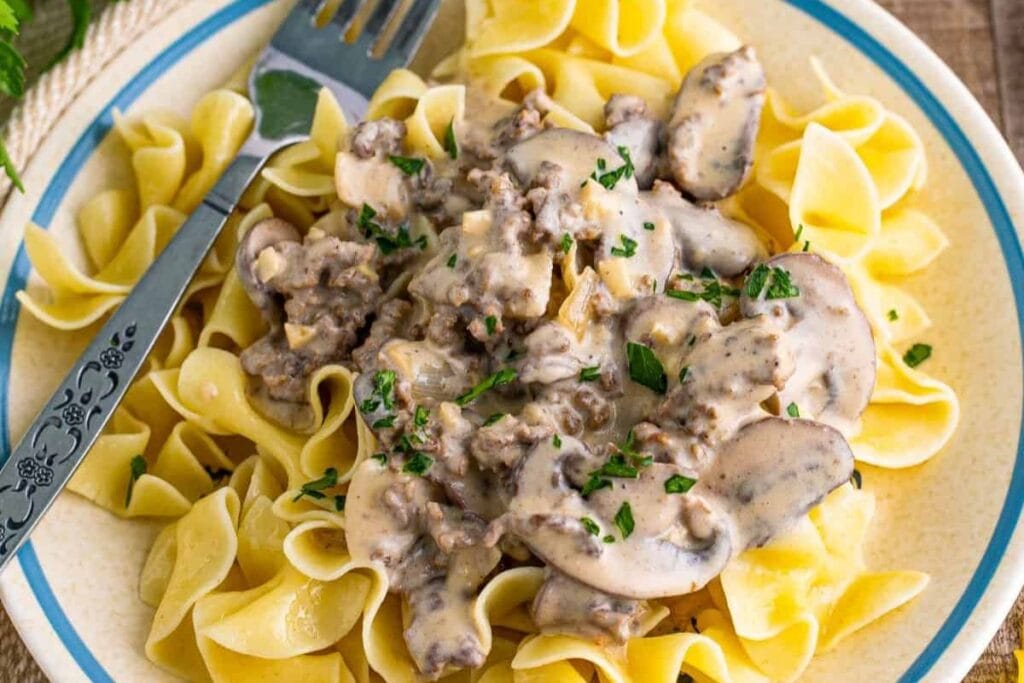 Ground beef stroganoff on a plate.