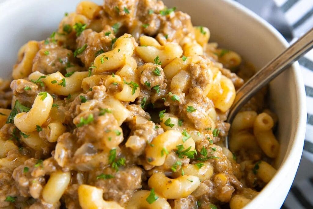 Hamburger helper in a bowl.