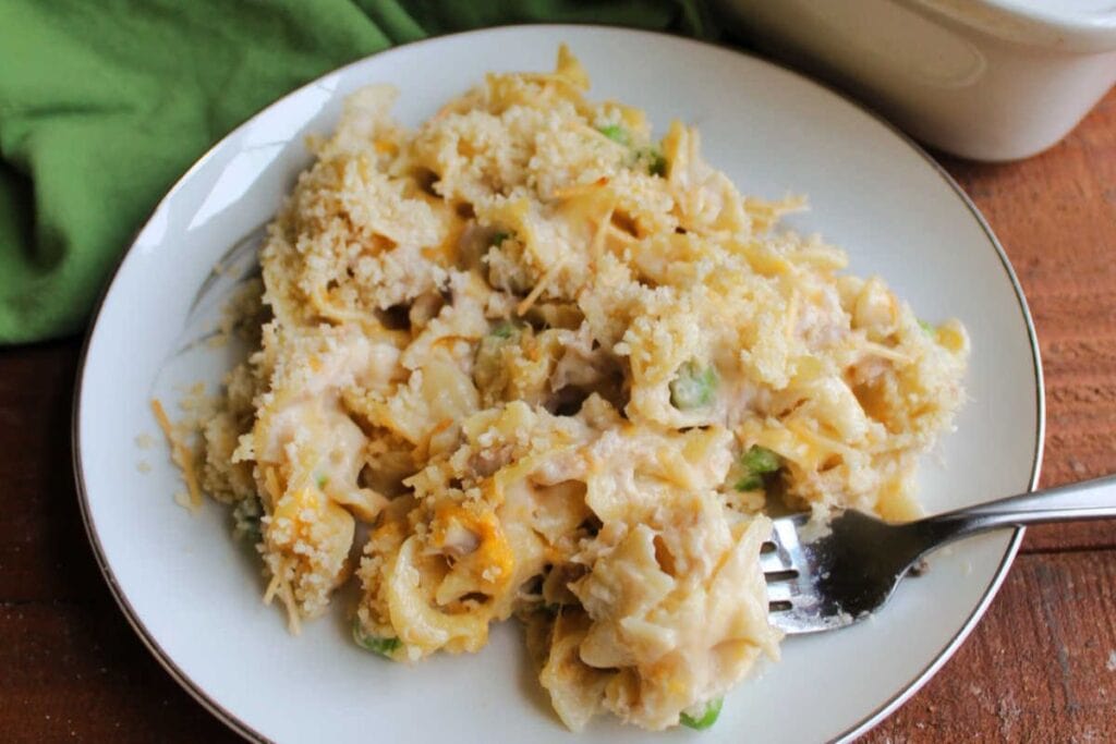 Tuna noodle casserole on a plate.