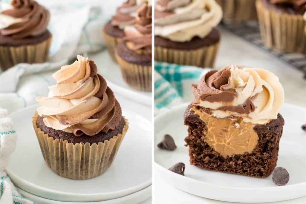 A split image shows chocolate cupcakes with swirls of chocolate and tan frosting. One cupcake is shown whole, the other is broken open to reveal a peanut butter filling. More cupcakes are visible in the background.