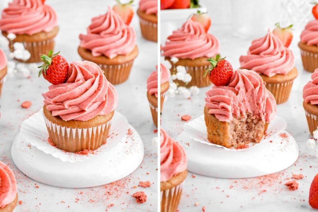 A split image shows several cupcakes with pink strawberry frosting and a fresh strawberry on top. One cupcake is shown with a bite taken out. More cupcakes and strawberries are visible in the background.