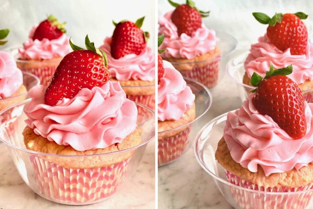 A split image shows several cupcakes with pink frosting and a strawberry on top, displayed in clear plastic cups.
