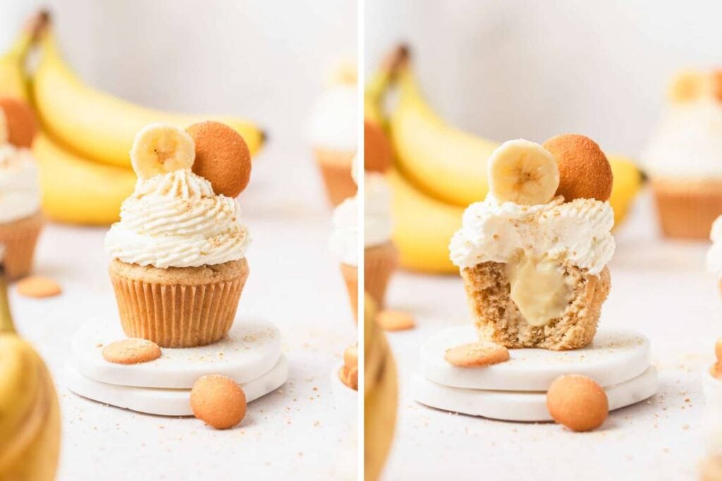 A split image shows a banana pudding cupcake, whole and then with a bite taken out, revealing a yellow custard filling. Each cupcake is topped with whipped cream, a banana slice, and vanilla wafers. Bananas and additional vanilla wafers are in the background.