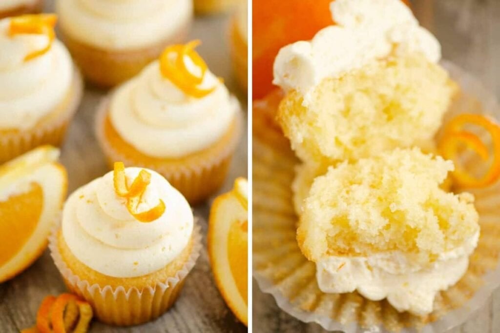 A split image shows several orange cupcakes with vanilla frosting and orange zest. One cupcake is shown broken in half to reveal the inside. Orange slices are visible in the background.
