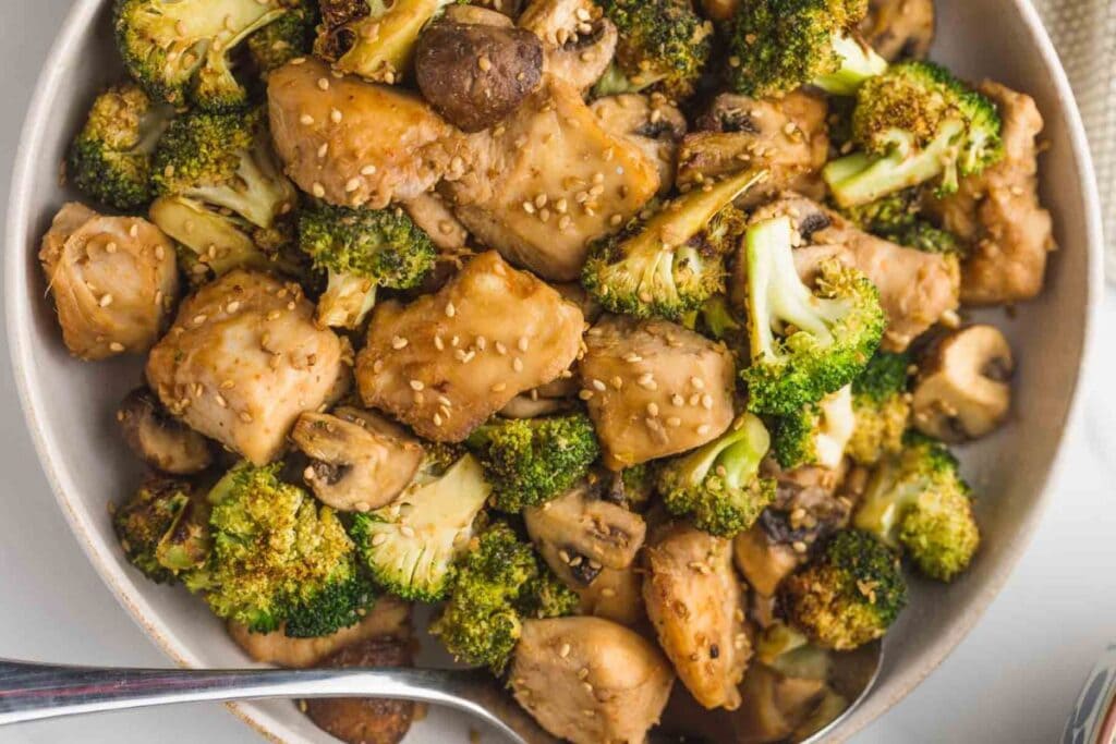 Chicken and broccoli in a bowl.