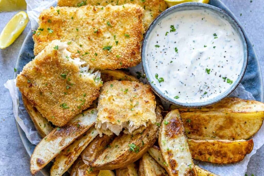 Fish and chips with dip.