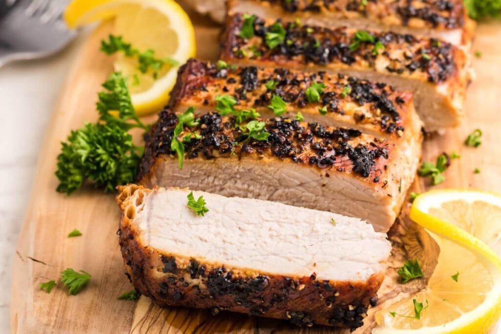 Sliced pork tenderloin on a wooden board.