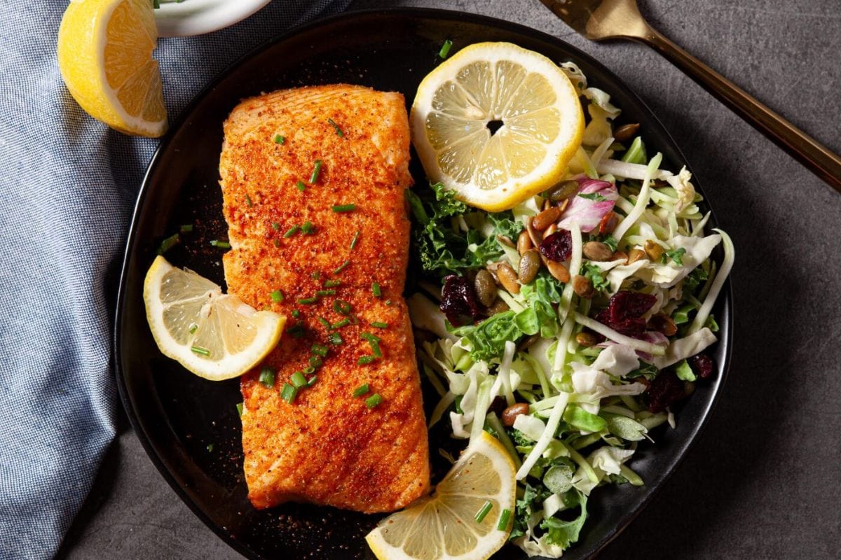 Air fryer salmon on a plate.