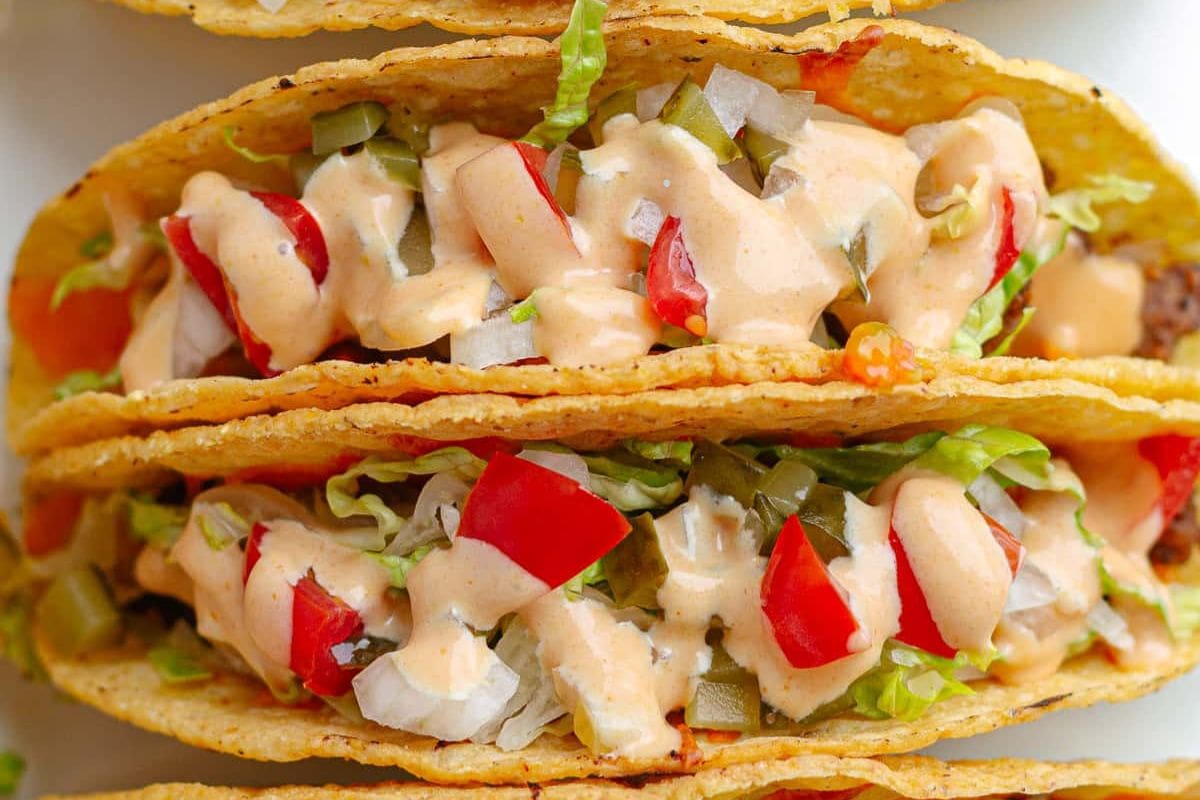 Cheeseburger tacos close up shot.