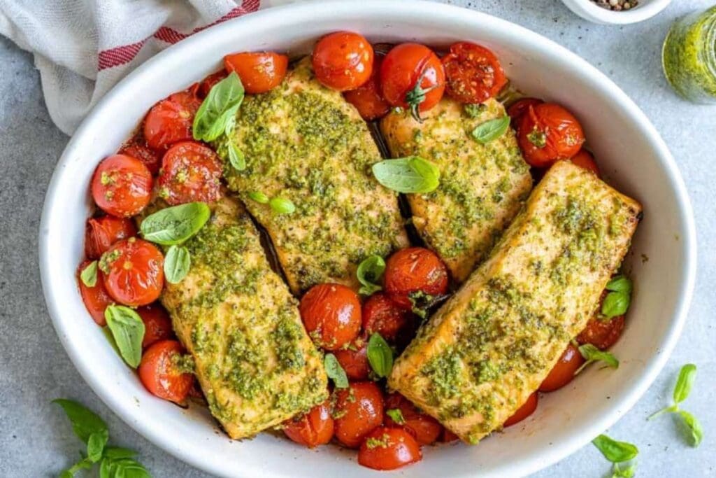 Baked pesto with salmon.