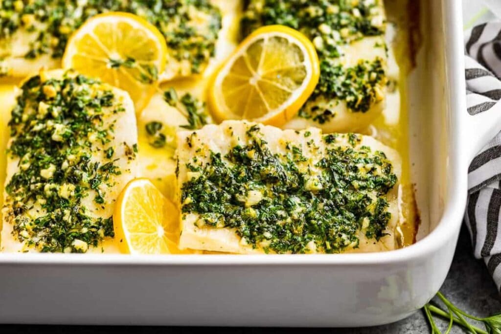 Baked cod in white dish.