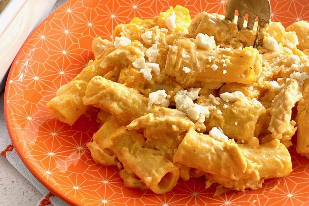 Chicken pasta bake on a plate.