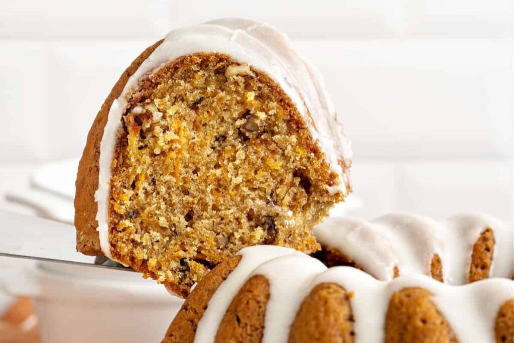 A slice of carrot bundt cake.