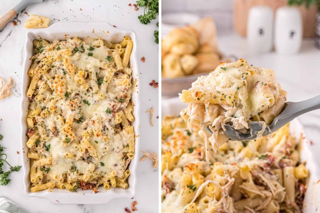 A split image shows a chicken Alfredo casserole. One side shows the casserole in a baking dish, the other shows a close-up of a serving being lifted with a spatula, showing the creamy, cheesy texture.