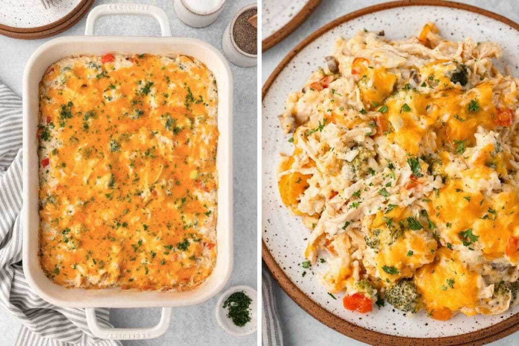 A split image shows a chicken broccoli rice casserole. The left side shows the casserole in a baking dish, and the right side shows a serving on a plate. The casserole is topped with melted cheese and chopped parsley.