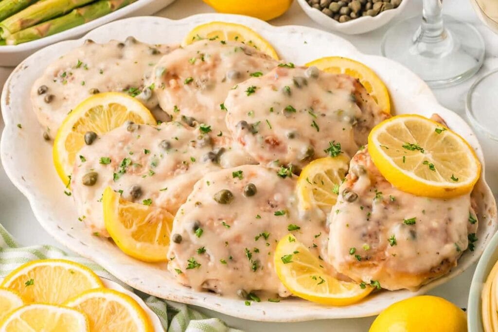 Chicken piccata with sliced lemons.