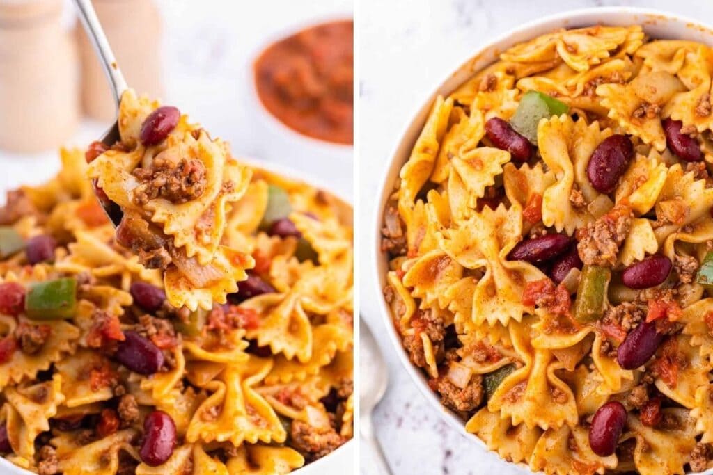 Two close-up images of a bowl of farfalle pasta in a chili-like sauce with ground beef and kidney beans.