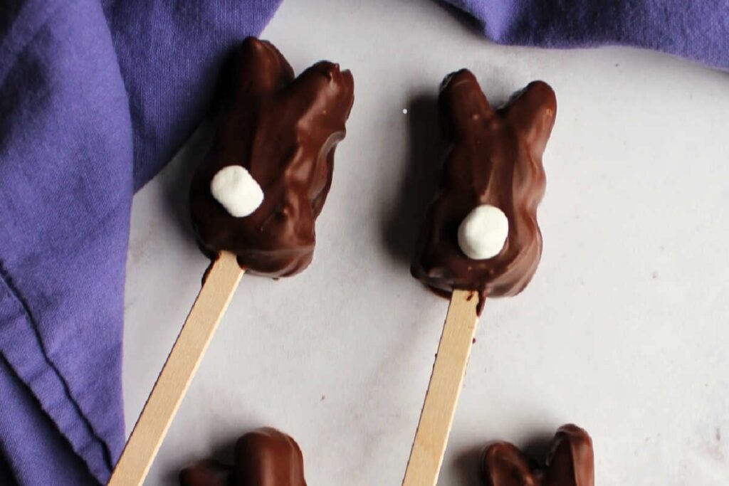 Chocolate dipped peeps bunnies on sticks.