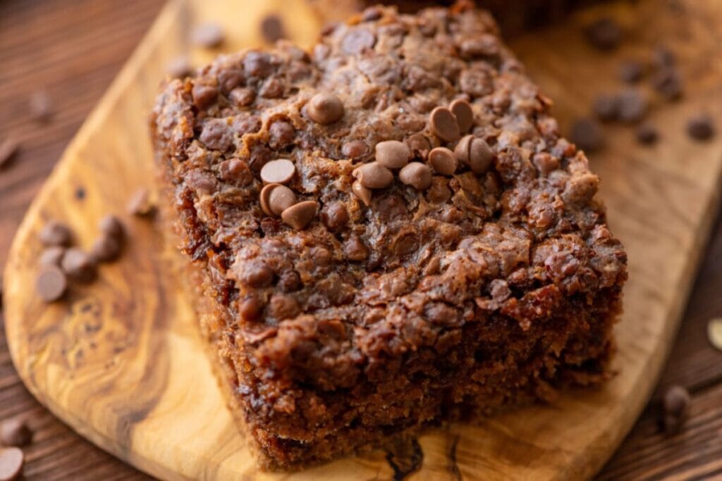 A slice of chocolate oatmeal cake.