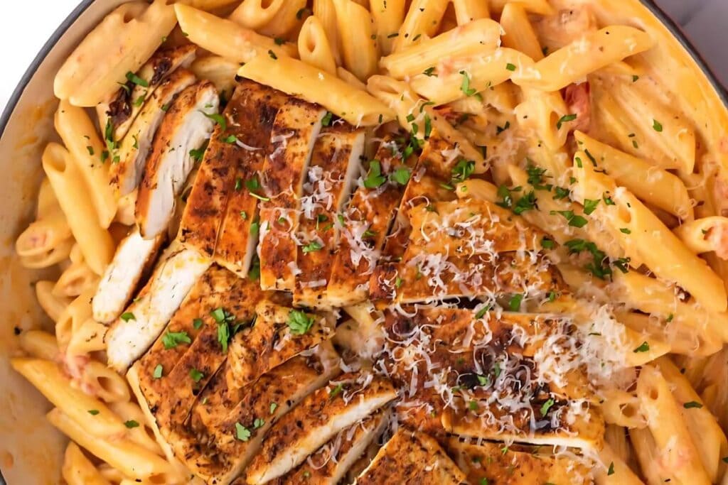 A close-up overhead shot of creamy Cajun chicken pasta. The pasta is penne, and the dish is topped with sliced grilled chicken breast, grated Parmesan cheese, and fresh parsley.