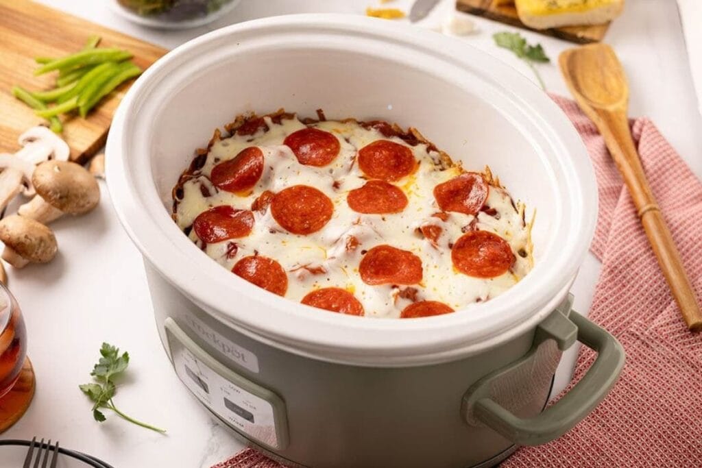 Crock pot pizza close up shot.