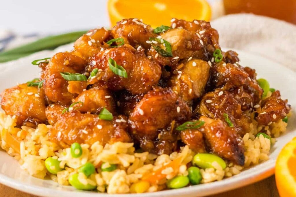 Orange chicken with fried rice.