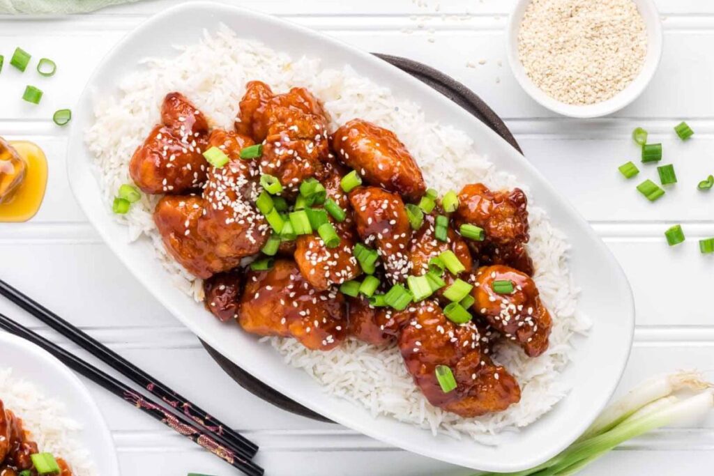 Sesame chicken with rice.