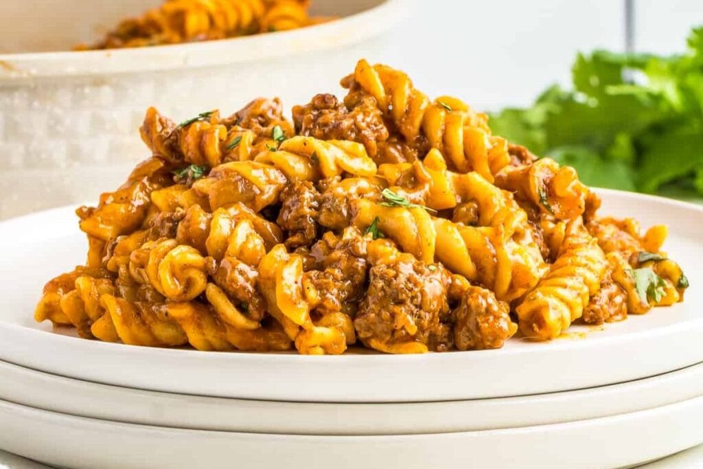 Enchilada pasta on a plate.