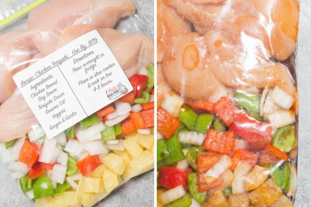 A split image shows two freezer bags with ingredients for chicken teriyaki. The bags contain chicken breasts, soy sauce, teriyaki sauce, sesame oil, chopped vegetables (onions, bell peppers, and pineapple), and ginger and garlic. A recipe label is attached to one bag.