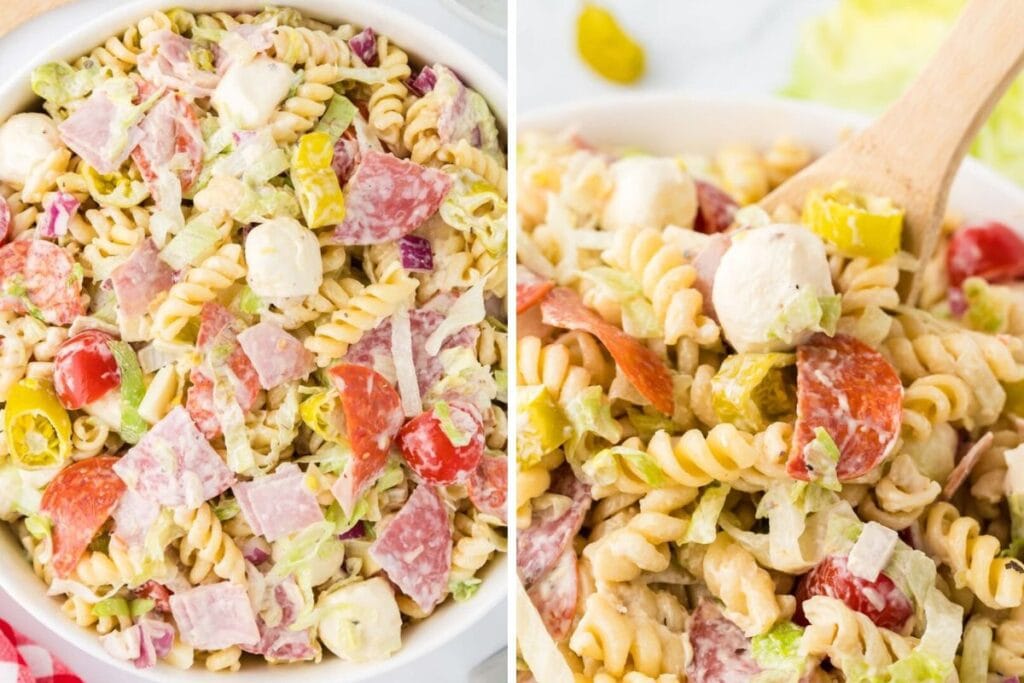 Two close-up images of a pasta salad with rotini pasta, salami, pepperoni, mozzarella balls, lettuce, and other vegetables in a creamy dressing.