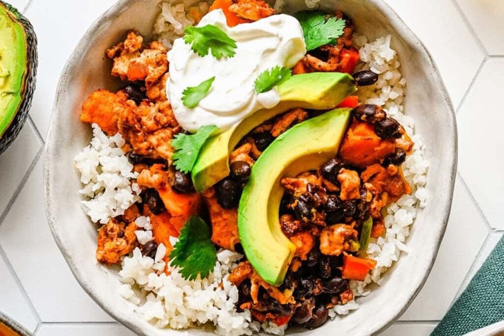 Ground turkey sweet potato in a bowl.