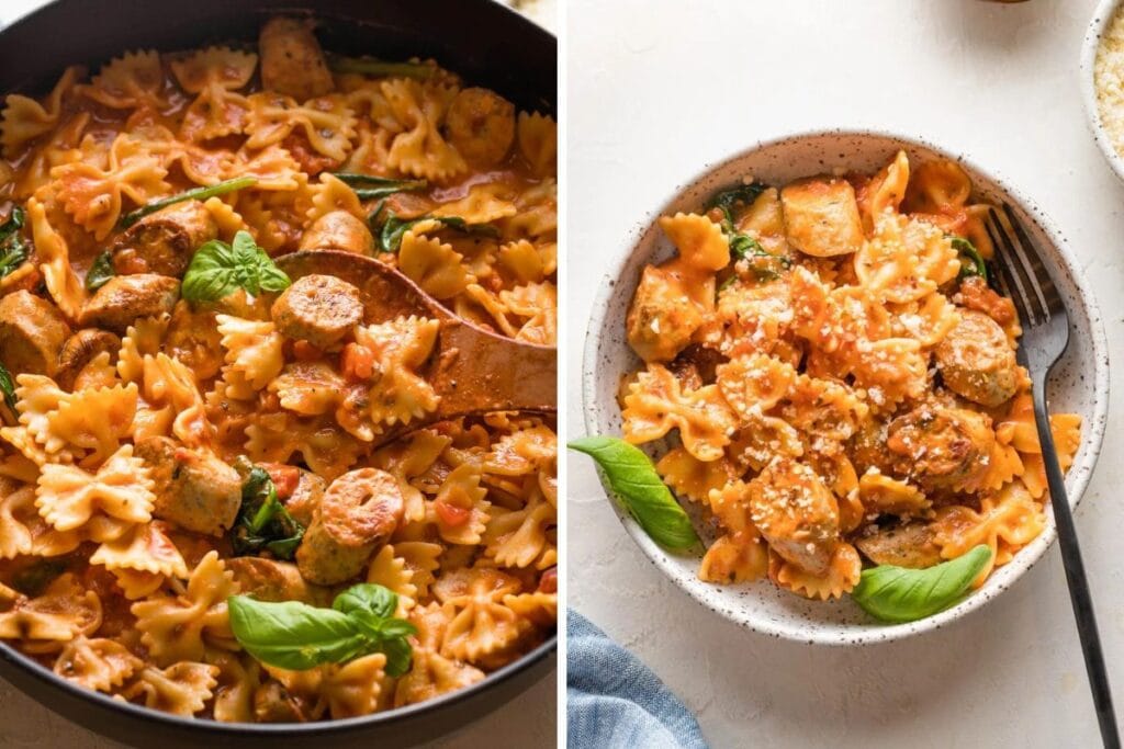 A split image shows farfalle pasta with Italian chicken sausage in a creamy tomato sauce. One side shows the pasta in a skillet, the other shows a serving of the pasta in a bowl, garnished with Parmesan cheese and basil.