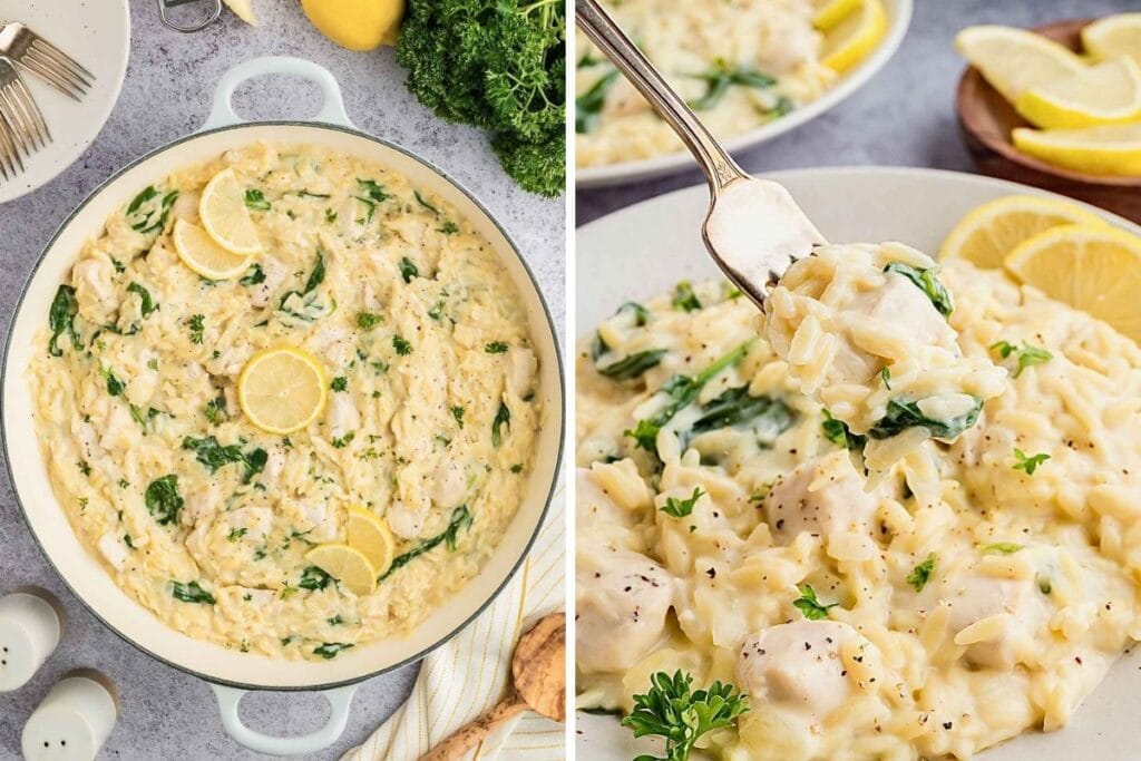 A split image shows a creamy white pasta dish with chicken and spinach. One side shows the dish in a skillet, the other shows a fork lifting a portion, revealing the texture. Lemon slices and parsley are visible.