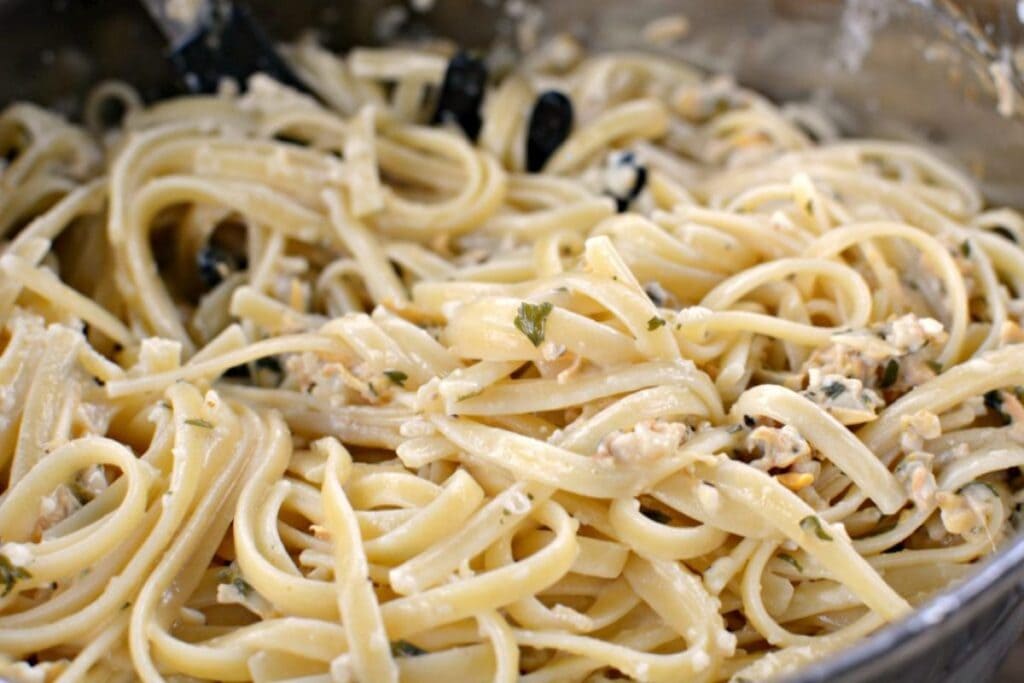 Linguine with sauce close up shot.
