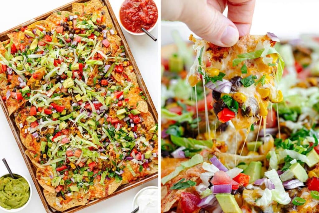 A split image shows a sheet pan of loaded veggie nachos. One side shows the entire pan, the other shows a close-up of a nacho chip being lifted, showing the melted cheese stretching. Various toppings like lettuce, tomatoes, onions, avocado, and corn are visible.
