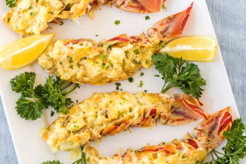Lobster thermidor on a plate.