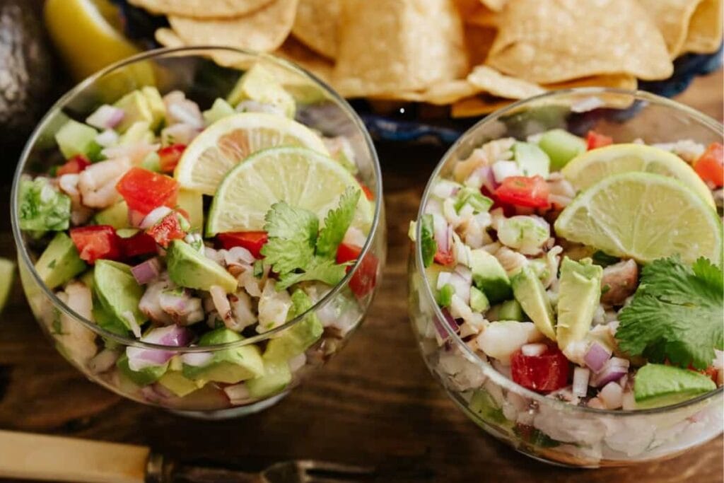 Shrimp ceviche in glasses.