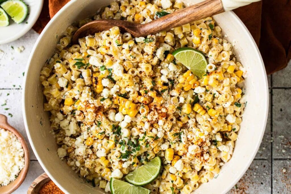 A large bowl of pasta salad with corn, cotija cheese, and lime wedges. A wooden spoon rests in the bowl.