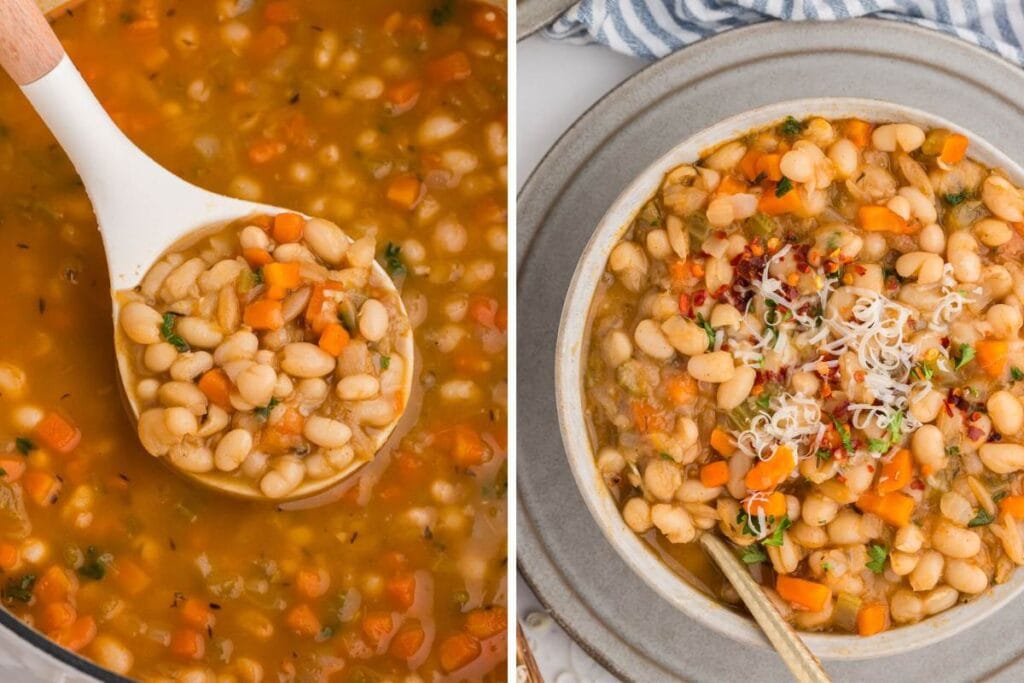 A split image shows a pot of navy bean soup. One side shows a ladle lifting a portion of the soup from the pot. The other side shows a bowl of the soup, garnished with grated cheese and red pepper flakes.