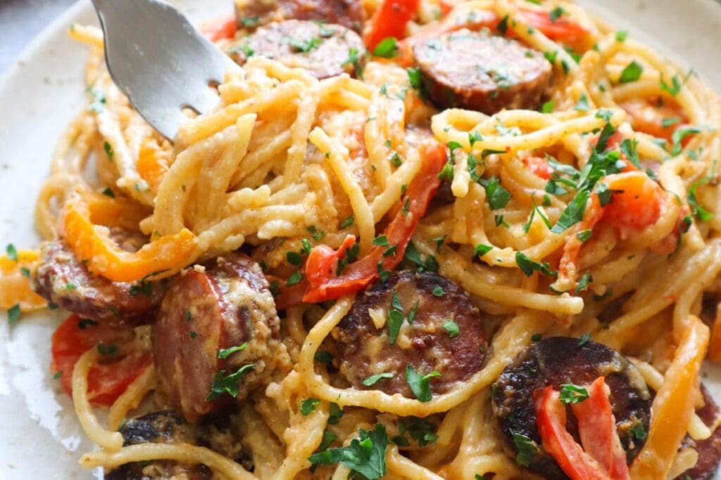 Cajun sausage spaghetti close up.