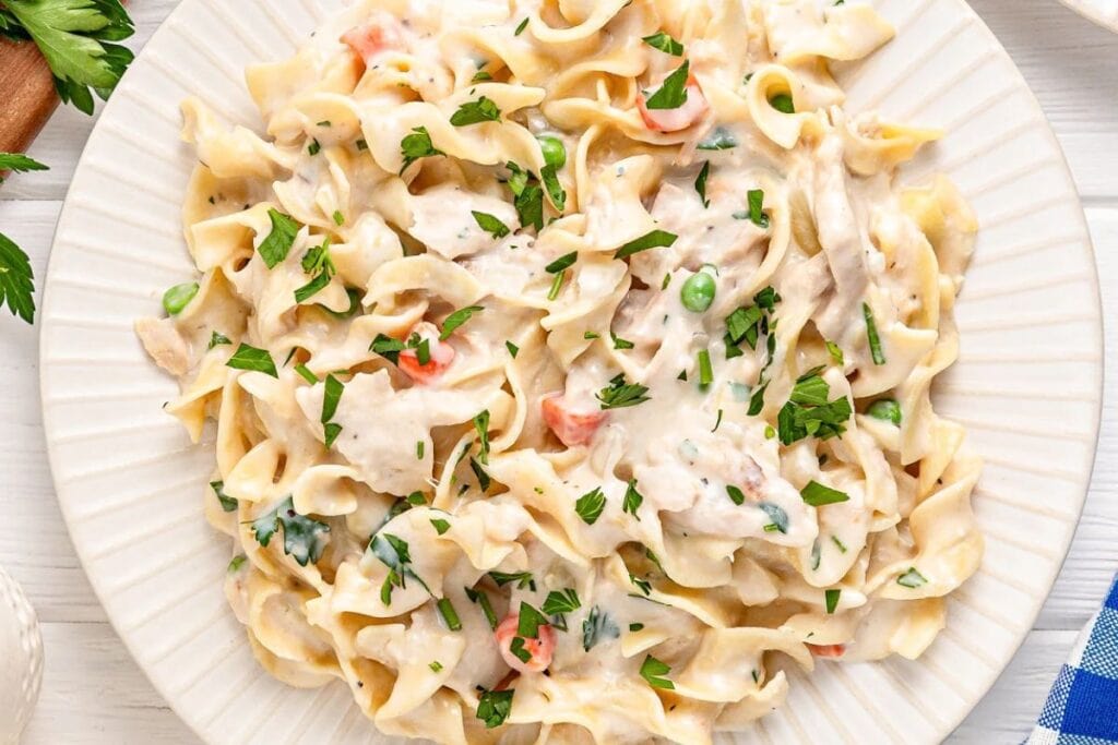 Tuna noodle dish on a plate.