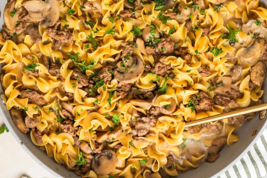 Ground beef stroganoff close up shot.