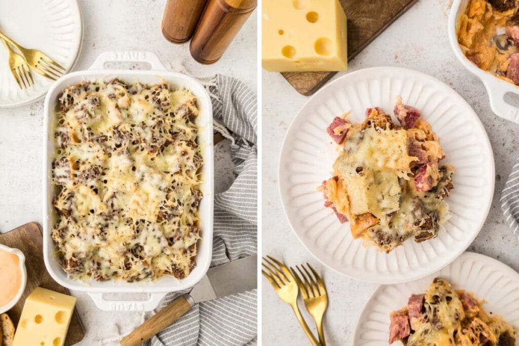 A split image shows a Reuben casserole. The left side shows the casserole in a baking dish, and the right side shows two plates with servings of the casserole. The casserole is topped with melted cheese.