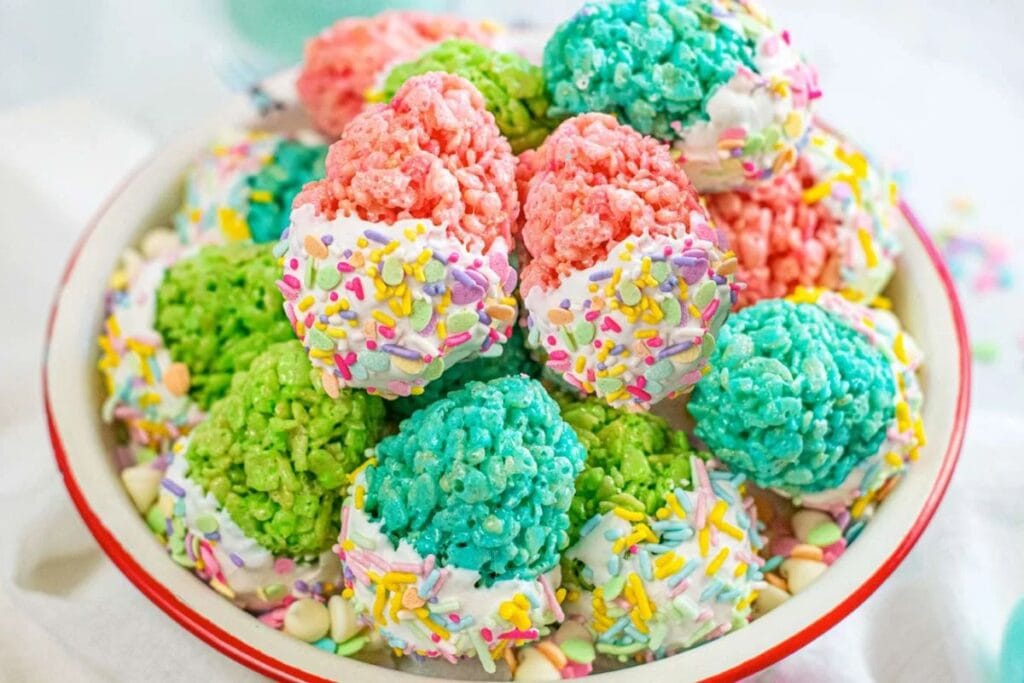 Rice krispies eggs in a bowl.