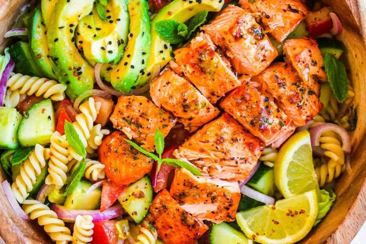Pasta salad with salmon.